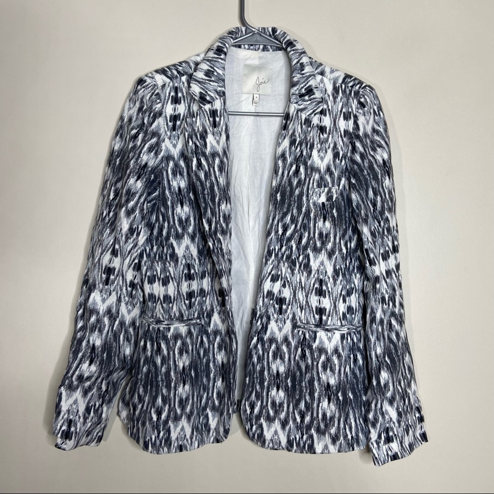Stunning Joie Linen Open Front Black White Gray Print Blazer Jacket Size 4